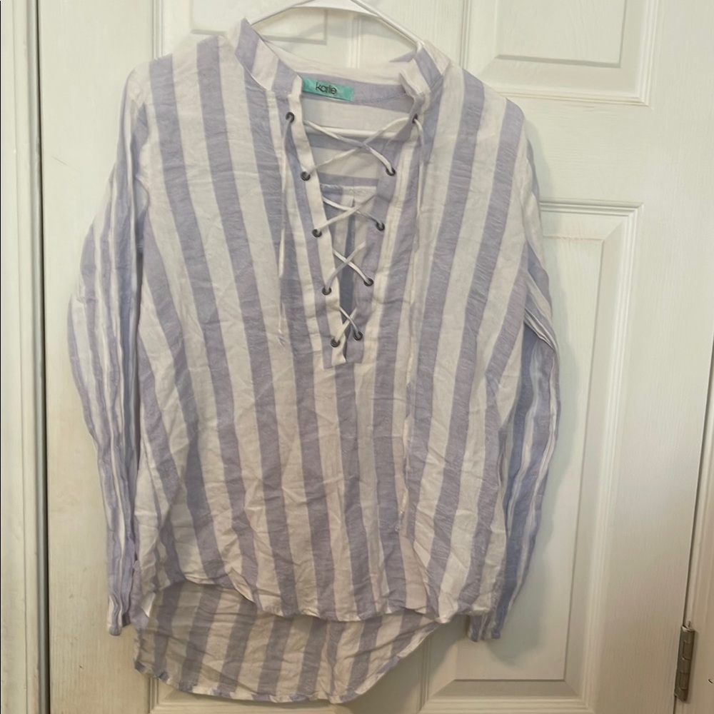 Roxy Blue and White Striped Lace-Up Blouse